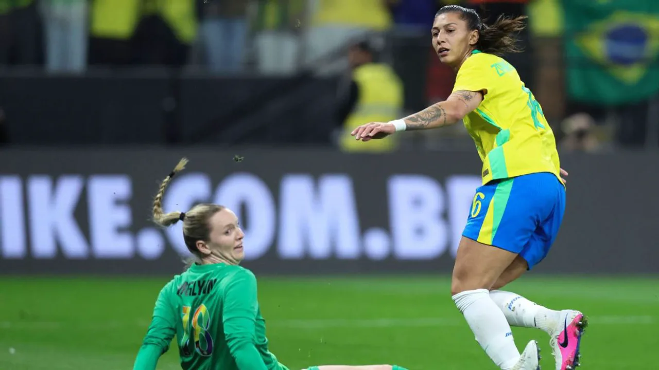 Bia Zaneratto comemora gol contra os Estados Unidos na Neo Química Arena em amistoso feminino 2026