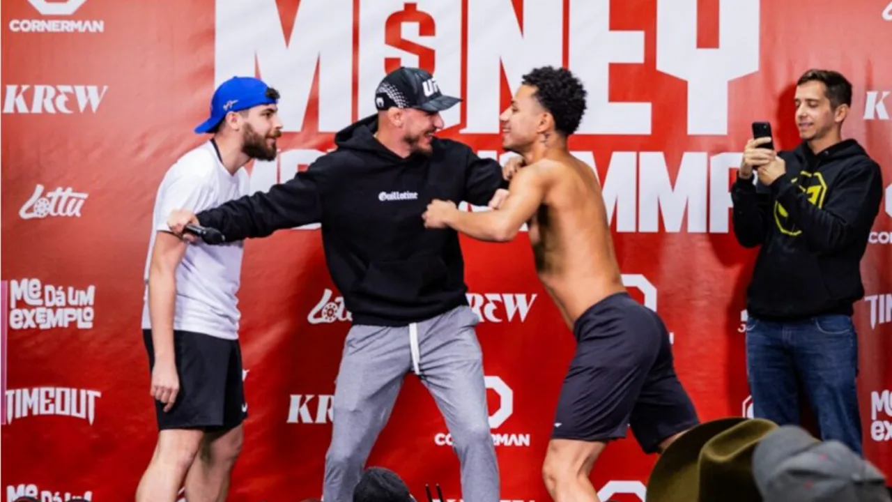 Ilia Topuria e Justin Gaethje se encaram durante a coletiva do UFC Casa Branca, tensão visível entre os dois lutadores
