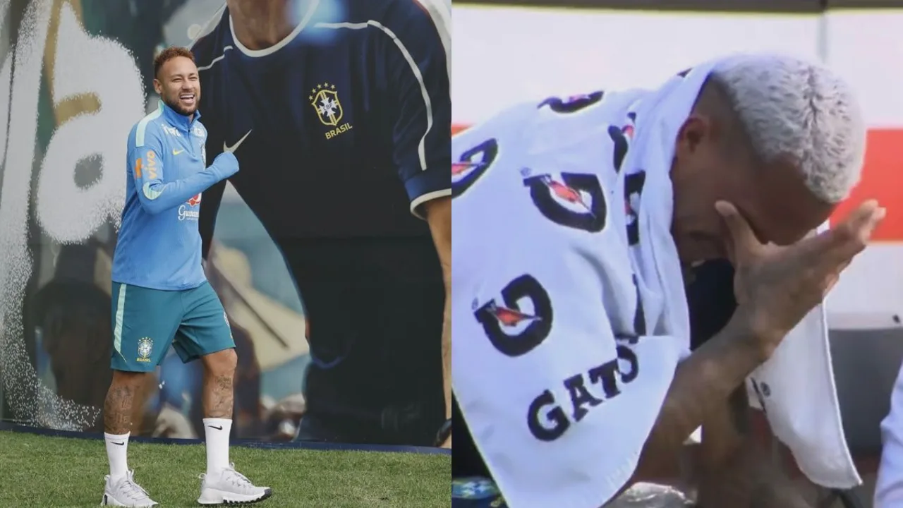 Neymar de costas no campo de treino da Seleção Brasileira nos Estados Unidos, com comissão técnica ao fundo