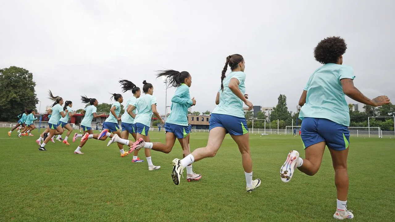 Jogadoras da Seleção Brasileira Feminina comemorando gol contra os Estados Unidos na Neo Química Arena