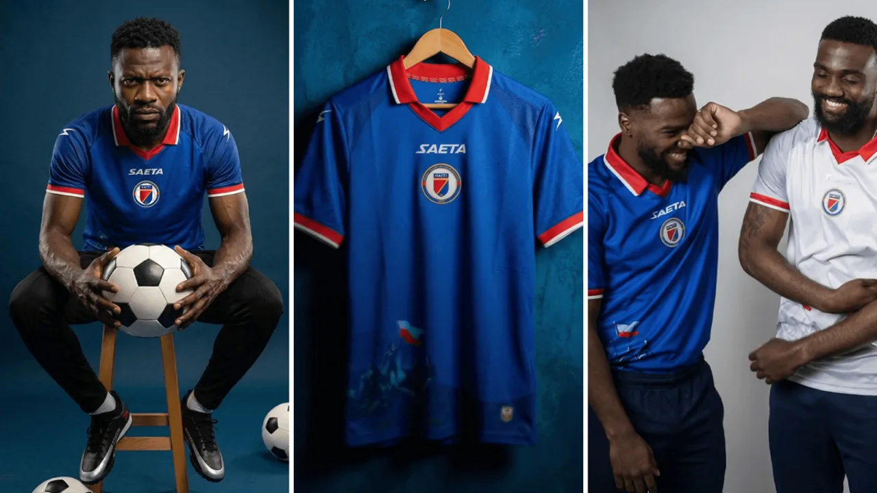 Camisa do Haiti para a Copa do Mundo 2026 com ilustração da Batalha de Vertières em azul e vermelho