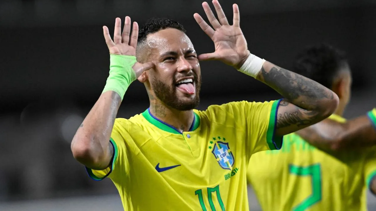 Neymar com a camisa 10 da Seleção Brasileira comemorando gol em Copa do Mundo