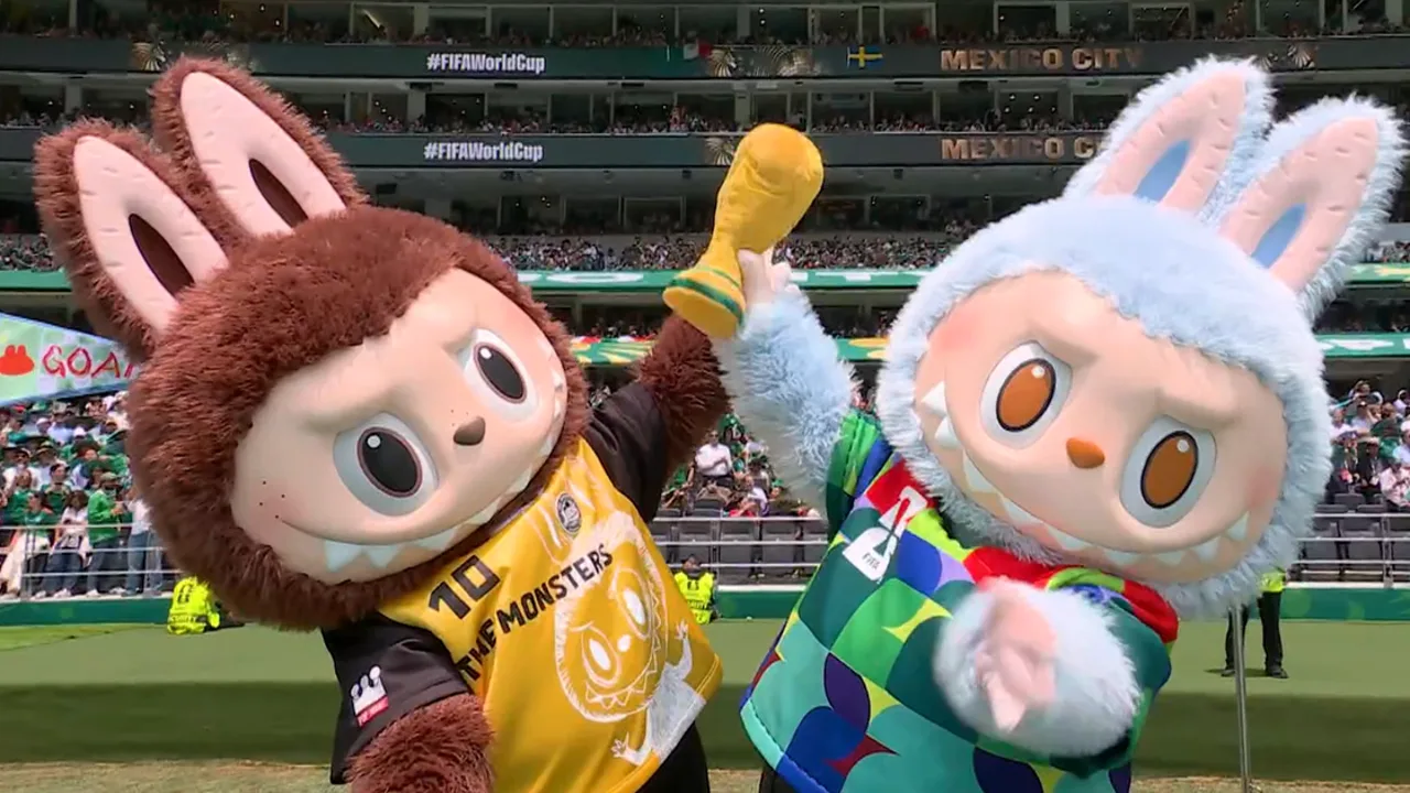 Dois bonecos Labubu gigantes no palco do Estádio Azteca durante cerimônia de abertura da Copa do Mundo 2026