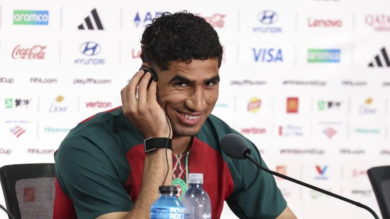 Achraf Hakimi em coletiva de imprensa antes de Marrocos x Brasil no MetLife Stadium, Copa 2026