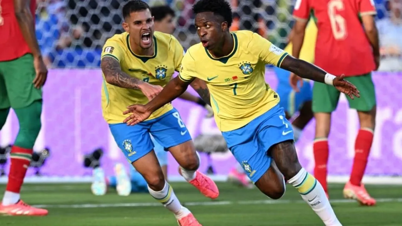 Vinicius Júnior comemora gol pela Seleção Brasileira contra Marrocos no MetLife Stadium na Copa do Mundo 2026