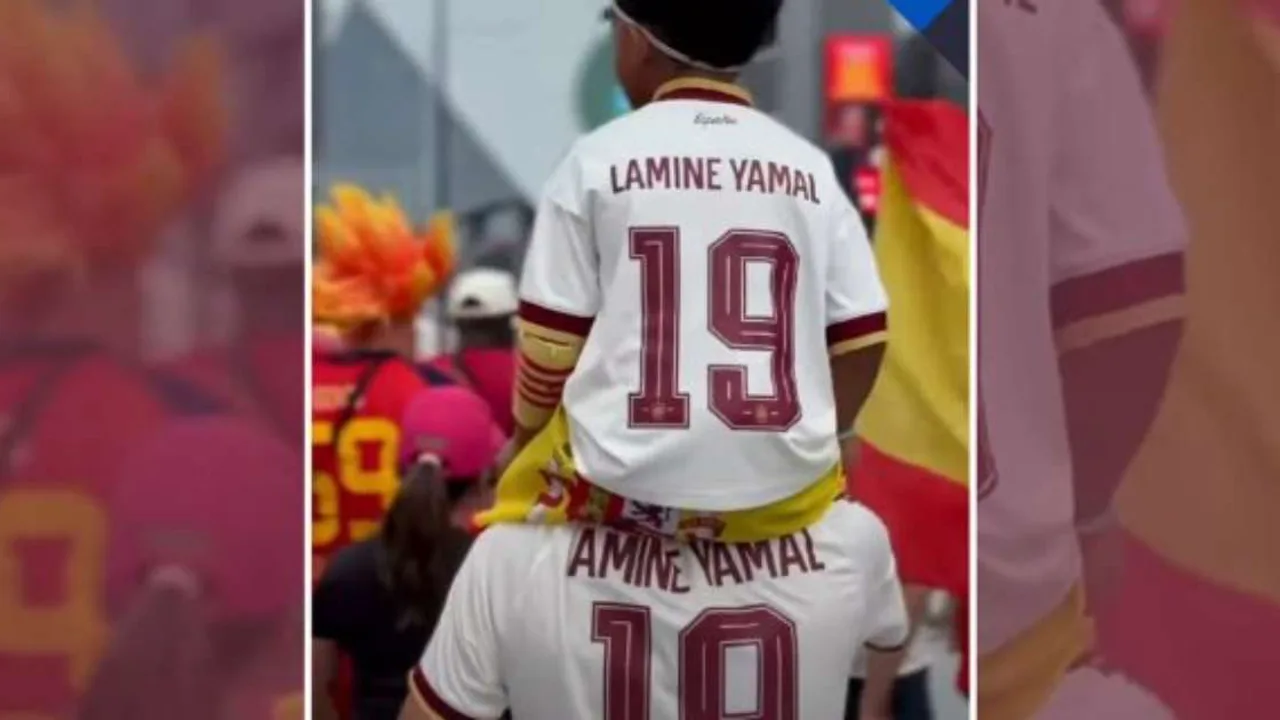 Lamine Yamal com a camisa 19 da Espanha comemorando gol na Copa do Mundo 2026 nos EUA