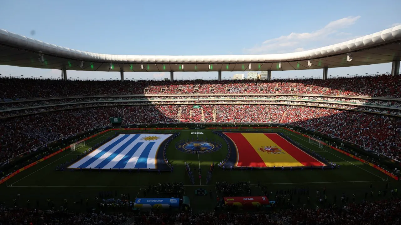 Estádio MetLife lotado durante jogo da Copa do Mundo 2026 com torcedores de diversas nações nas arquibancadas