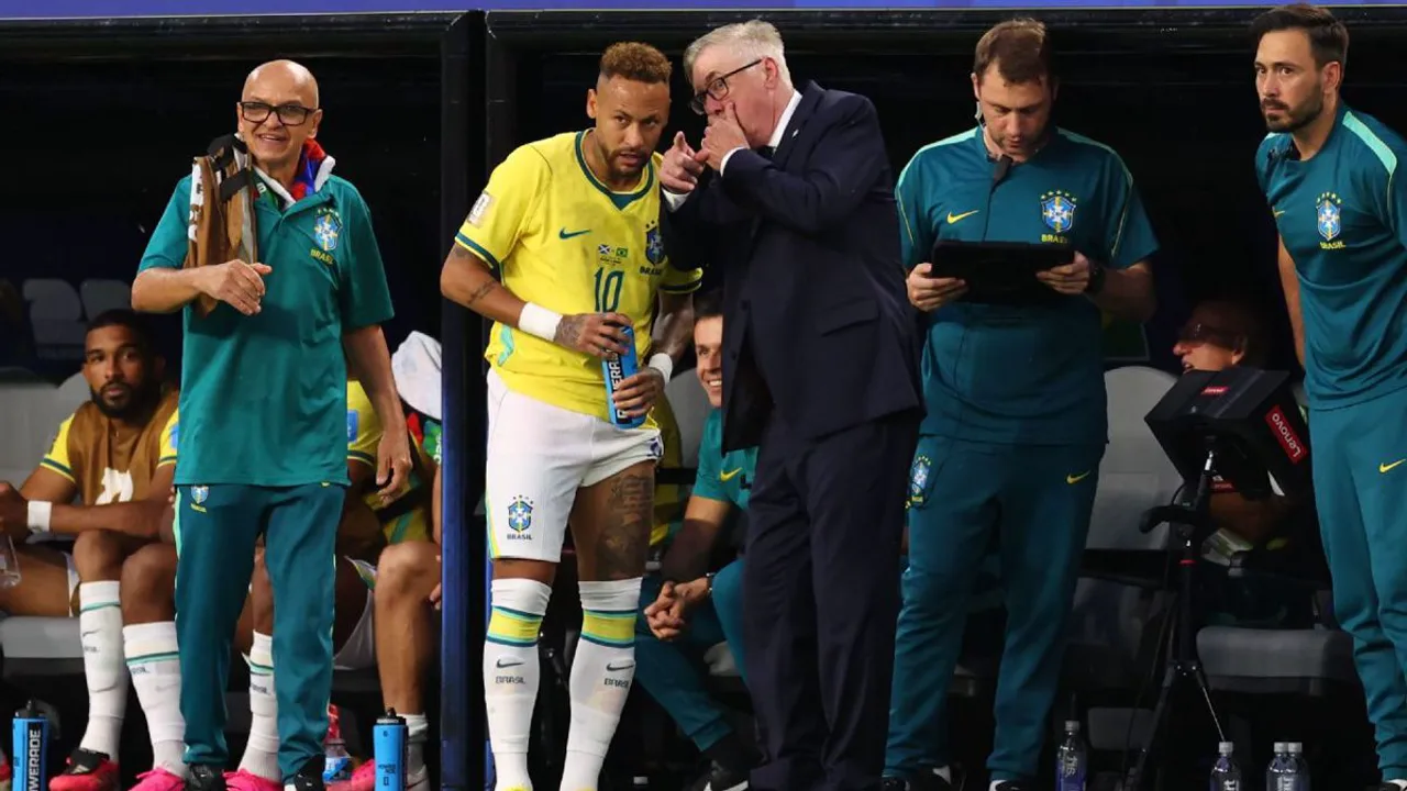 Neymar de amarelo no banco de reservas da Seleção Brasileira durante a Copa do Mundo 2026