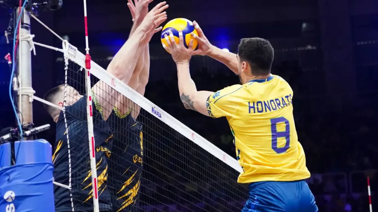 Seis jogadores de vôlei em quadra demonstrando o movimento de rotação no sentido horário após conquista do saque