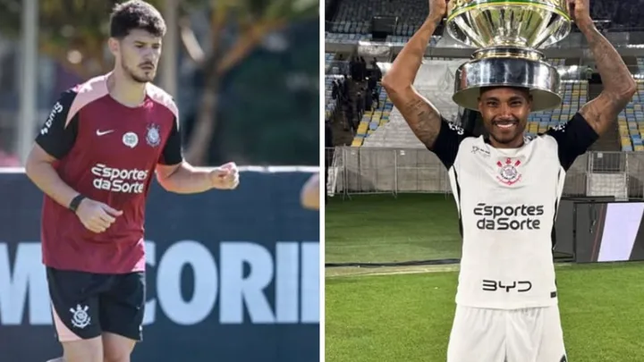 Vitinho com a camisa do Corinthians e André Luís com a camisa do Vila Nova em lances do Brasileirão Série A 2026