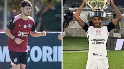 Vitinho com a camisa do Corinthians e André Luís com a camisa do Vila Nova em lances do Brasileirão Série A 2026