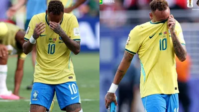 Neymar chorando após eliminação do Brasil para a Noruega nas oitavas da Copa do Mundo 2026