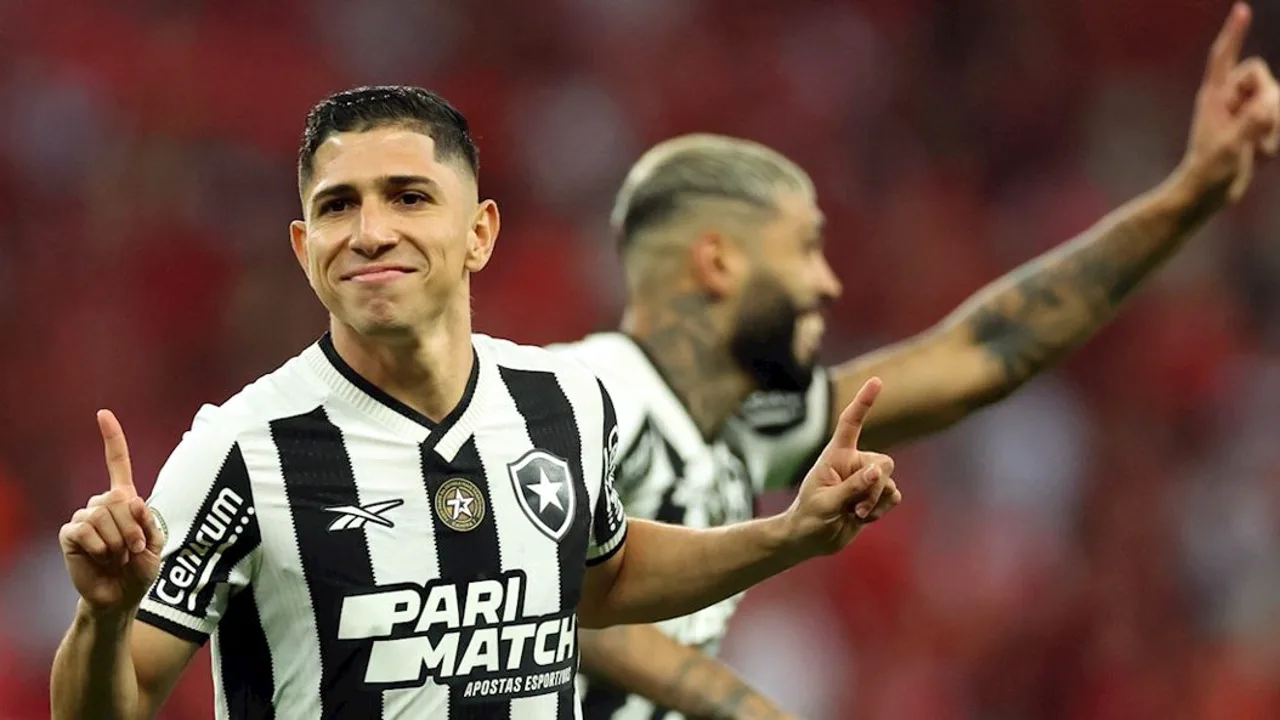 Jogadores do Botafogo comemoram gol no Estádio Olímpico Nilton Santos durante goleada 4 a 0 sobre o Internacional em maio de 2025