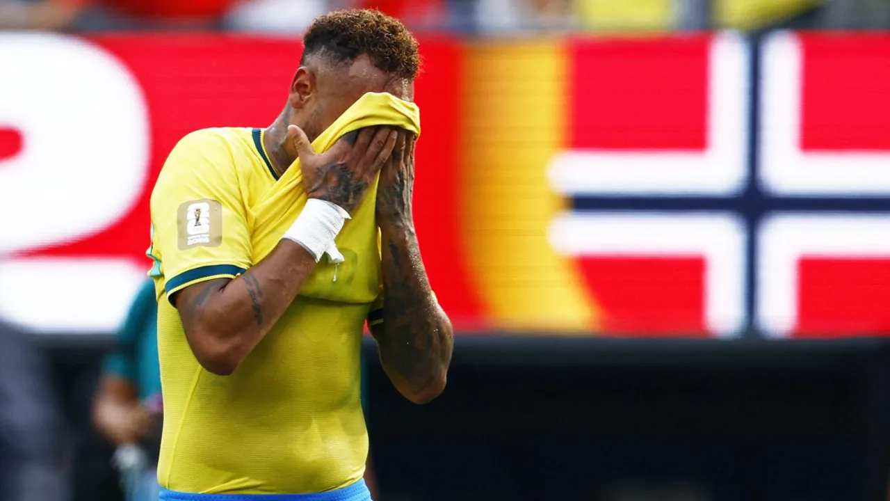 Neymar e Vini Jr. cabisbaixos após eliminação do Brasil para a Noruega nas oitavas da Copa 2026