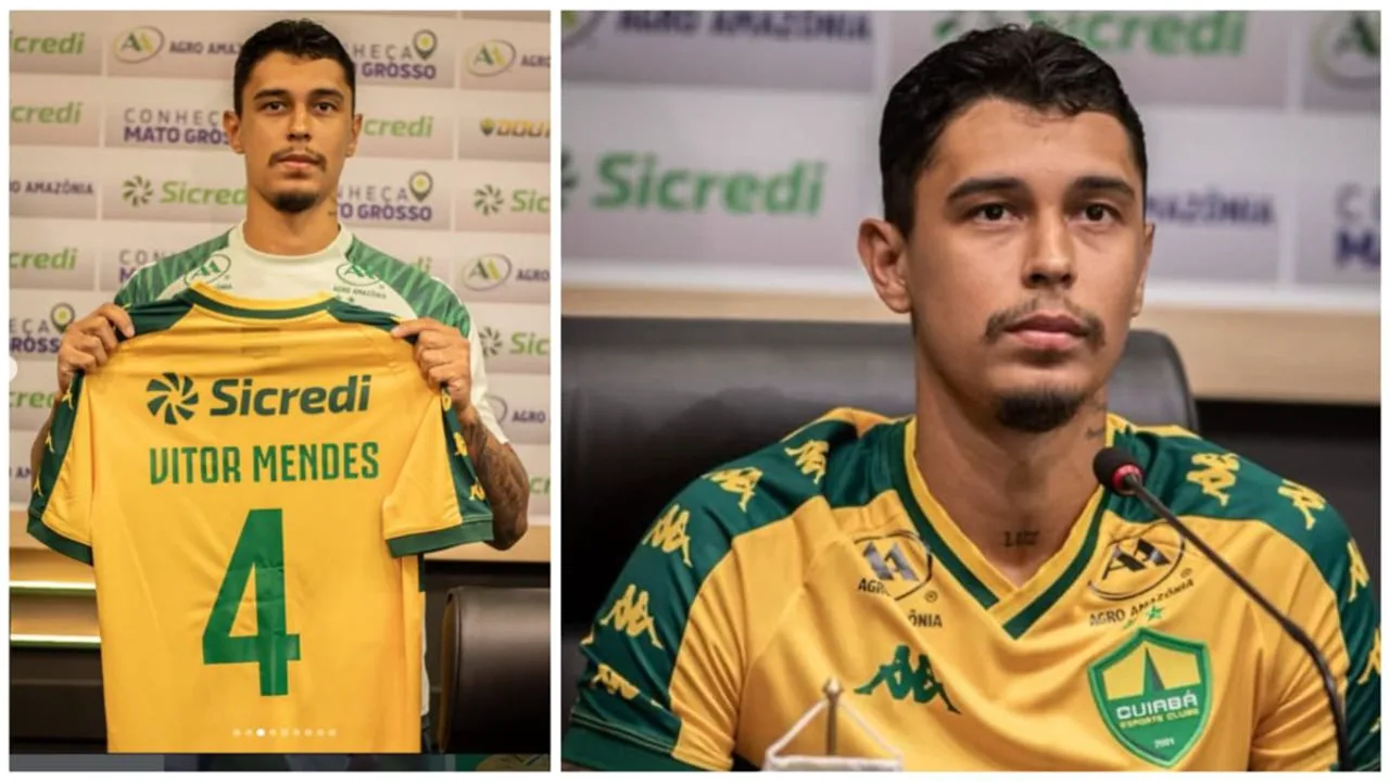 Vitor Mendes, zagueiro do Cuiabá, disputando bola durante partida do Brasileirão Série A 2026